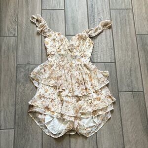 Angel Biba Floral Ruffle Jumpsuit in Cream and Brown
